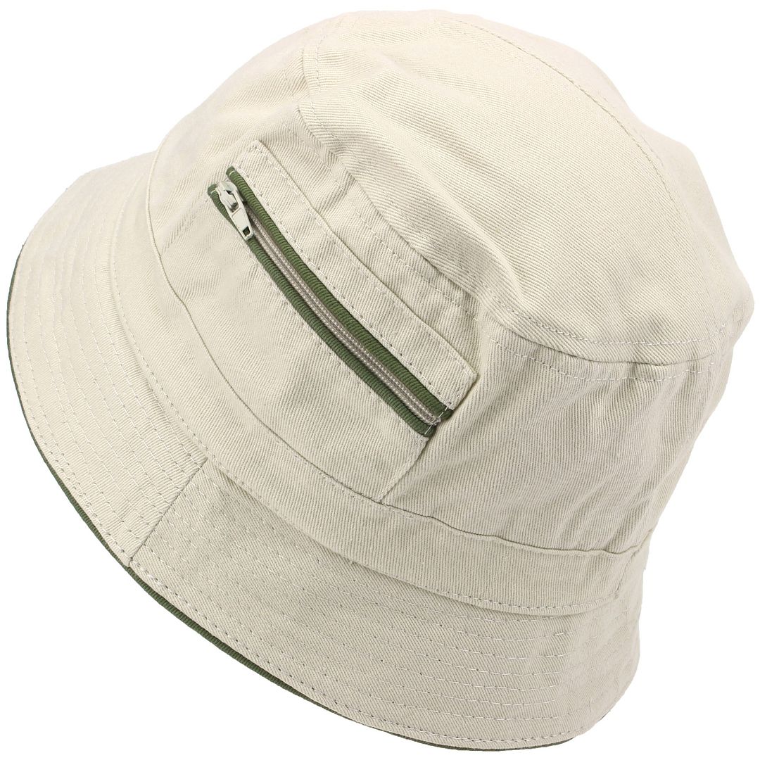 Bucket Hat Zip Pockets Contrast Trim Beige White Summer Sun Oasis